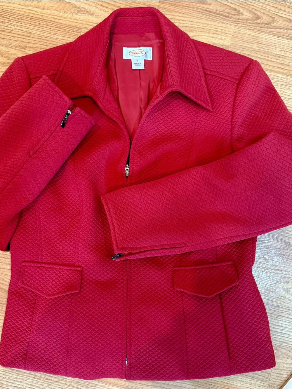 Vintage 90s Talbots Womens 4 Red Diamond Quilted Zip Jacket Blazer Sleeve Zips